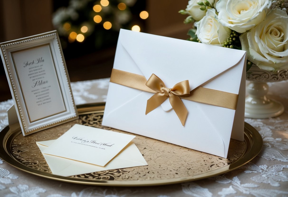 A white envelope with a gold ribbon and a small card placed on a decorative table next to a wedding guest book