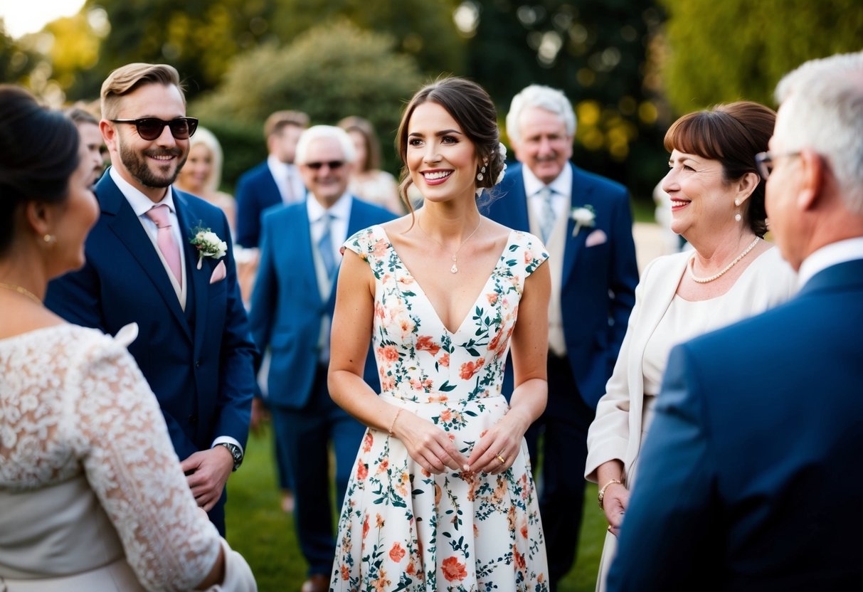 A woman in a floral dress stands among wedding guests, smiling and chatting with others