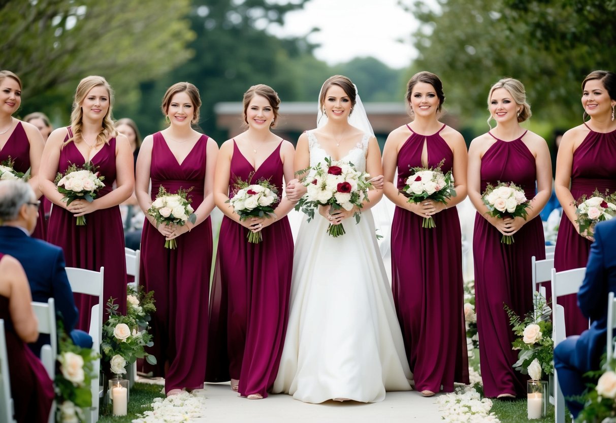 Bridesmaids follow the bride down a flower-lined aisle