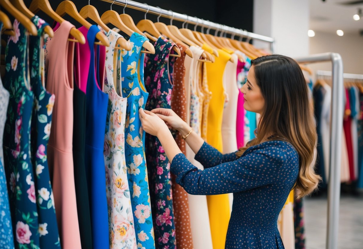 A woman browsing through a rack of colorful floral dresses, carefully examining the patterns and textures