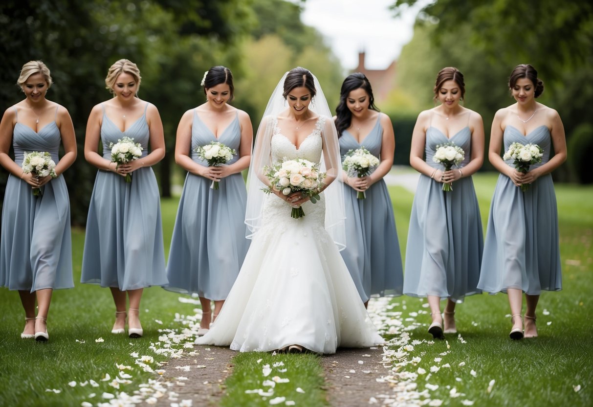 Bridesmaids follow the bride, scattering flower petals along the path