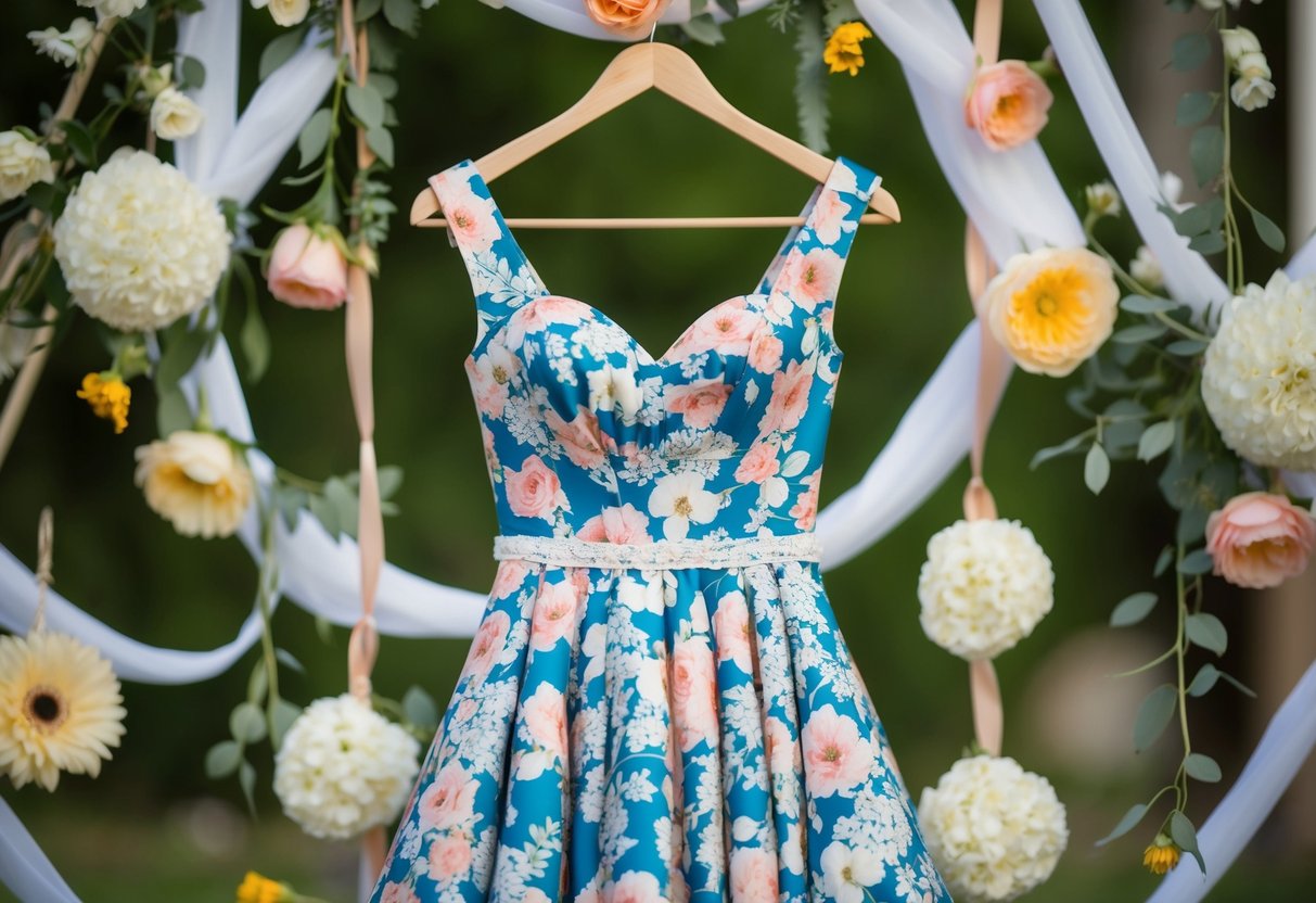 A floral-patterned dress hanging on a hanger, surrounded by wedding-themed decorations and flowers