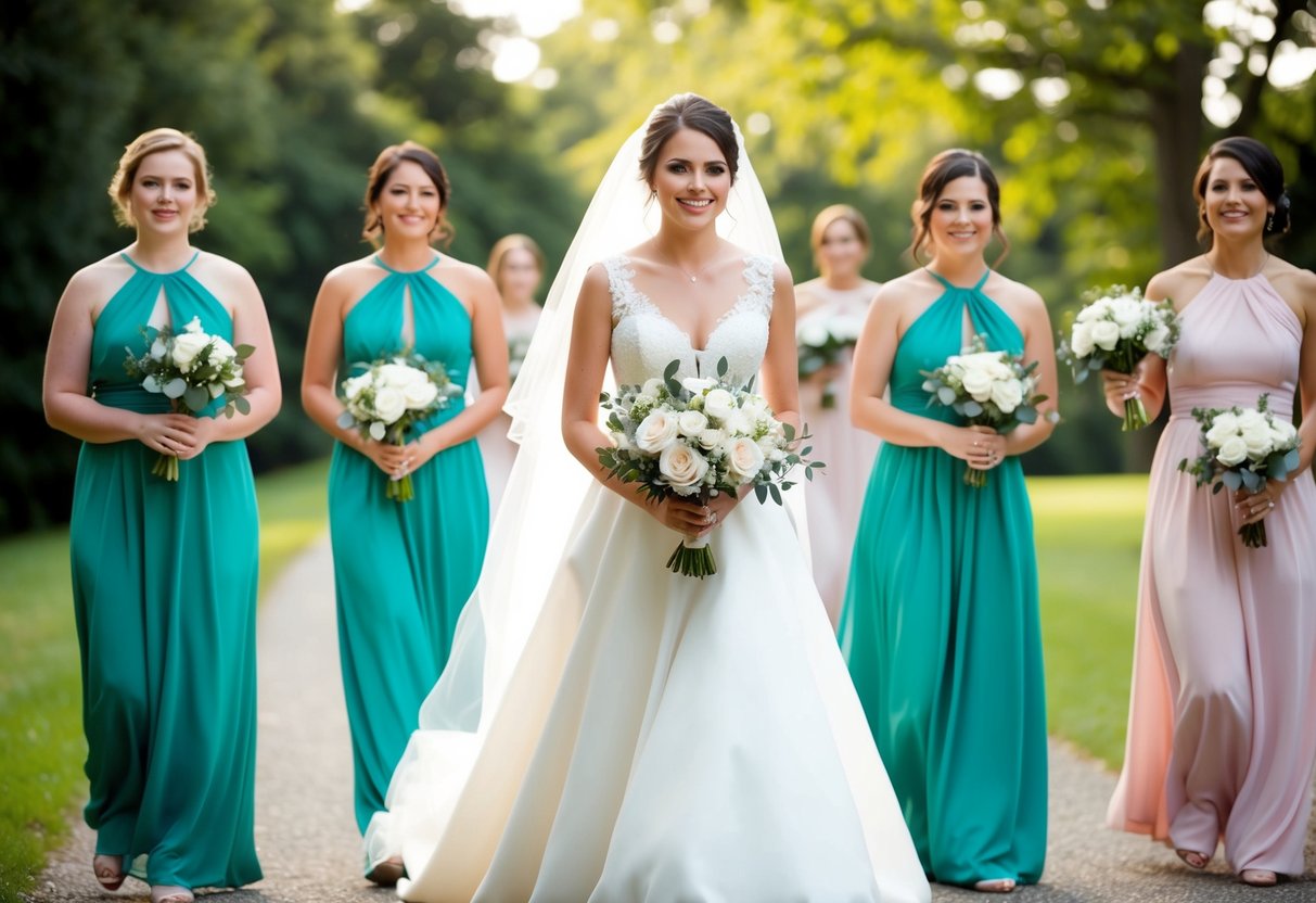 A bride leads a procession followed by bridesmaids in coordinated dresses, carrying bouquets