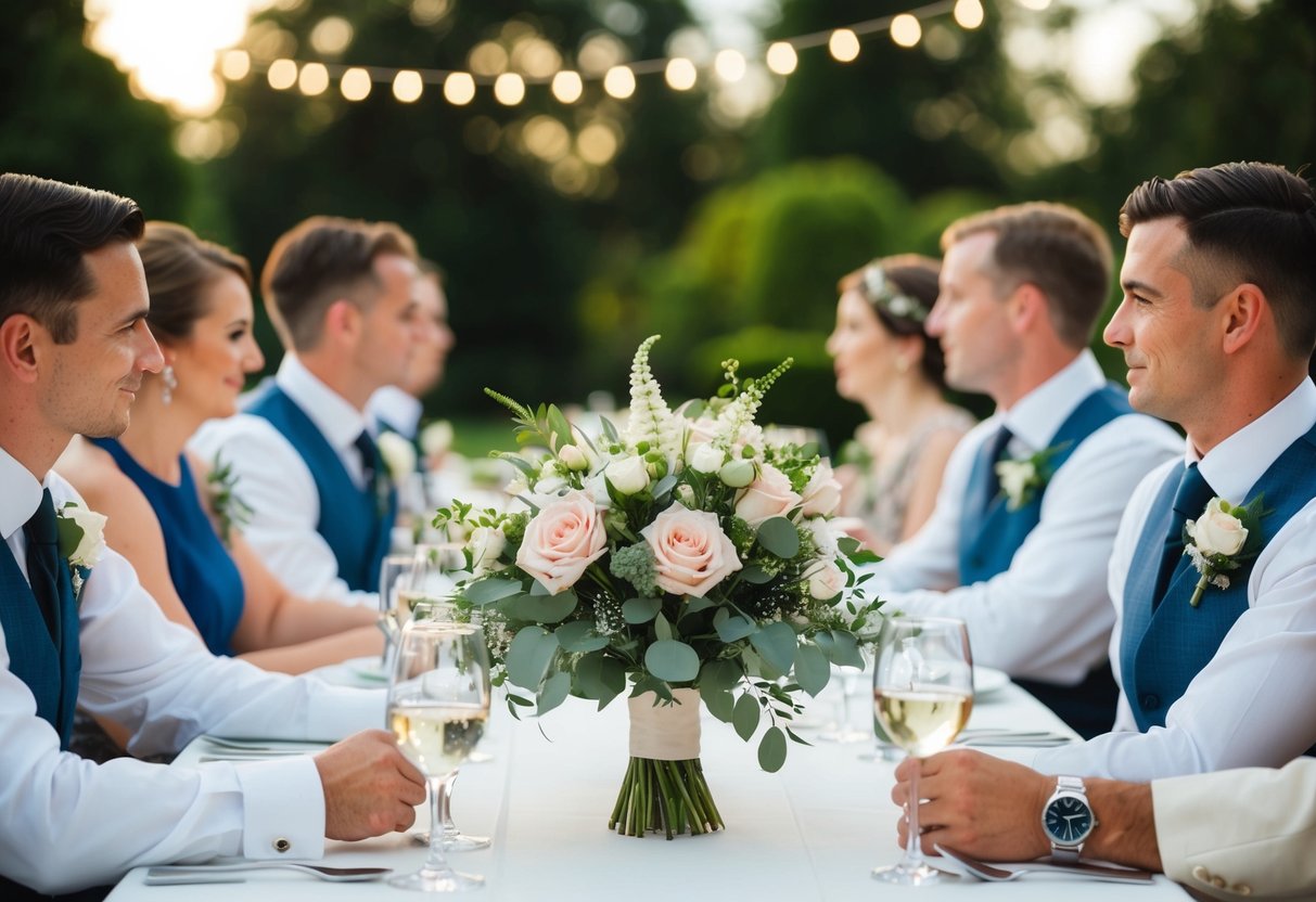 Bride and groom's table with a bouquet, guests with corsages