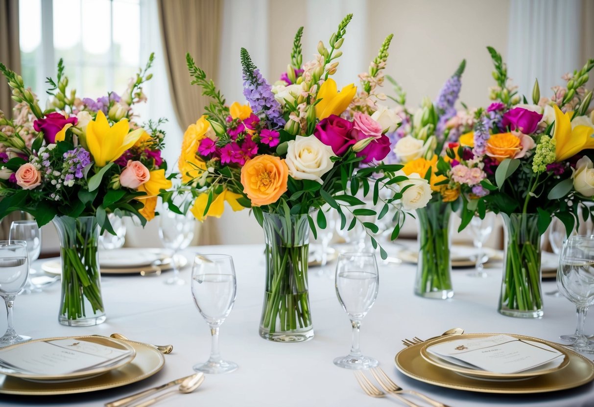 A table set with elegant vases filled with colorful bouquets of flowers, ready for the key recipients of wedding flowers