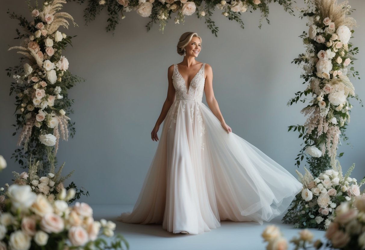 A mother of the bride in a flowing, elegant gown, surrounded by wedding flowers and décor in soft, muted tones