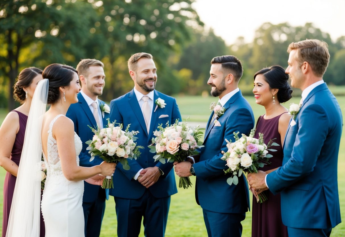 A bride and groom exchange floral bouquets and boutonnieres with their wedding party and family members