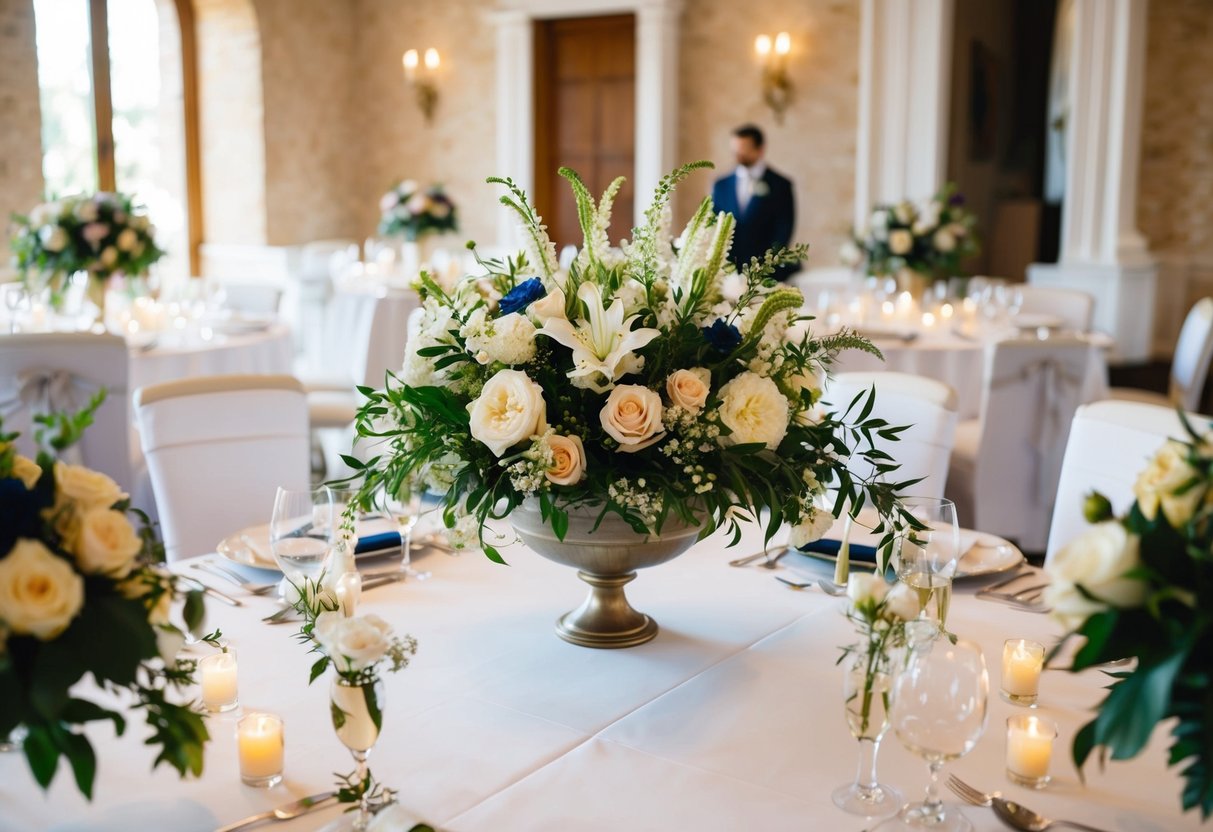 A bride and groom's table with a beautiful arrangement of flowers, surrounded by smaller floral centerpieces on the guest tables