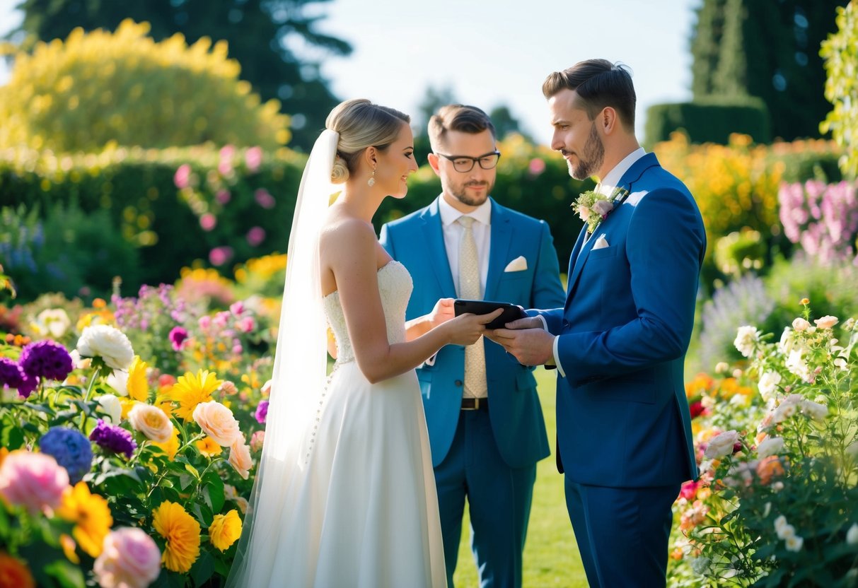A bride and groom stand in a sunlit garden surrounded by colorful blooms, discussing the cost of flowers for their wedding