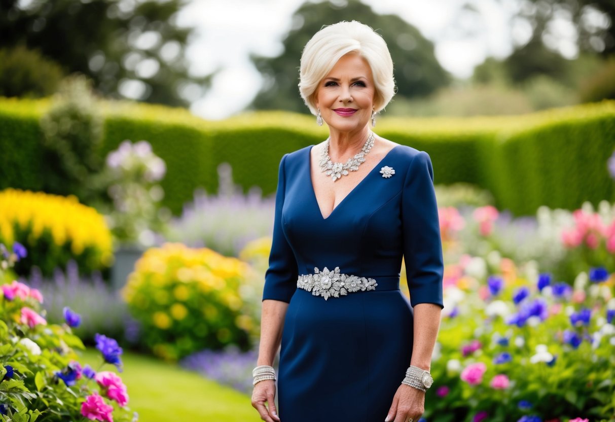 A mother of the bride wearing a deep navy blue dress, adorned with silver accessories, standing in a garden filled with vibrant flowers