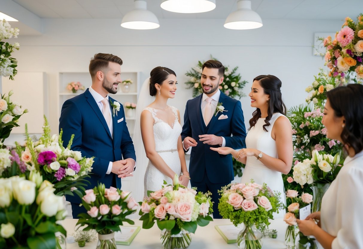 A bride and groom meet with a florist, surrounded by floral arrangements and sample bouquets. The florist gestures towards various options, discussing pricing and flower choices