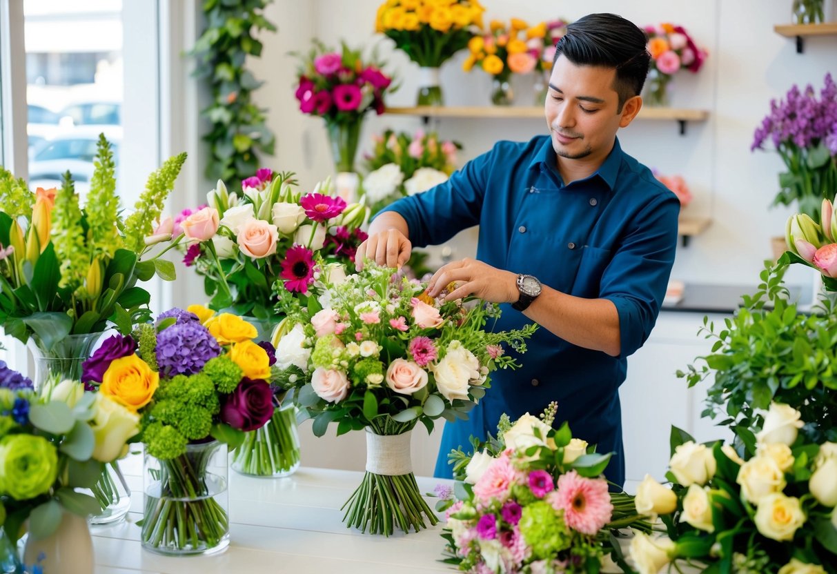 A florist arranging various wedding bouquets in a shop, surrounded by colorful flowers and greenery