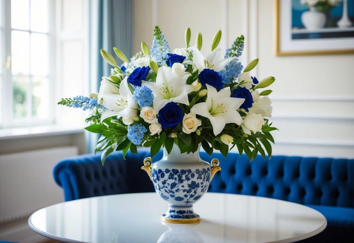 A bouquet of elegant white and blue flowers arranged in a tasteful vase, set on a table in a well-lit room
