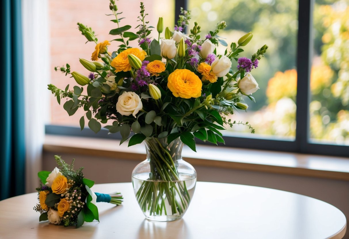 A bouquet of flowers in a vase on a table, with a smaller boutonniere next to it