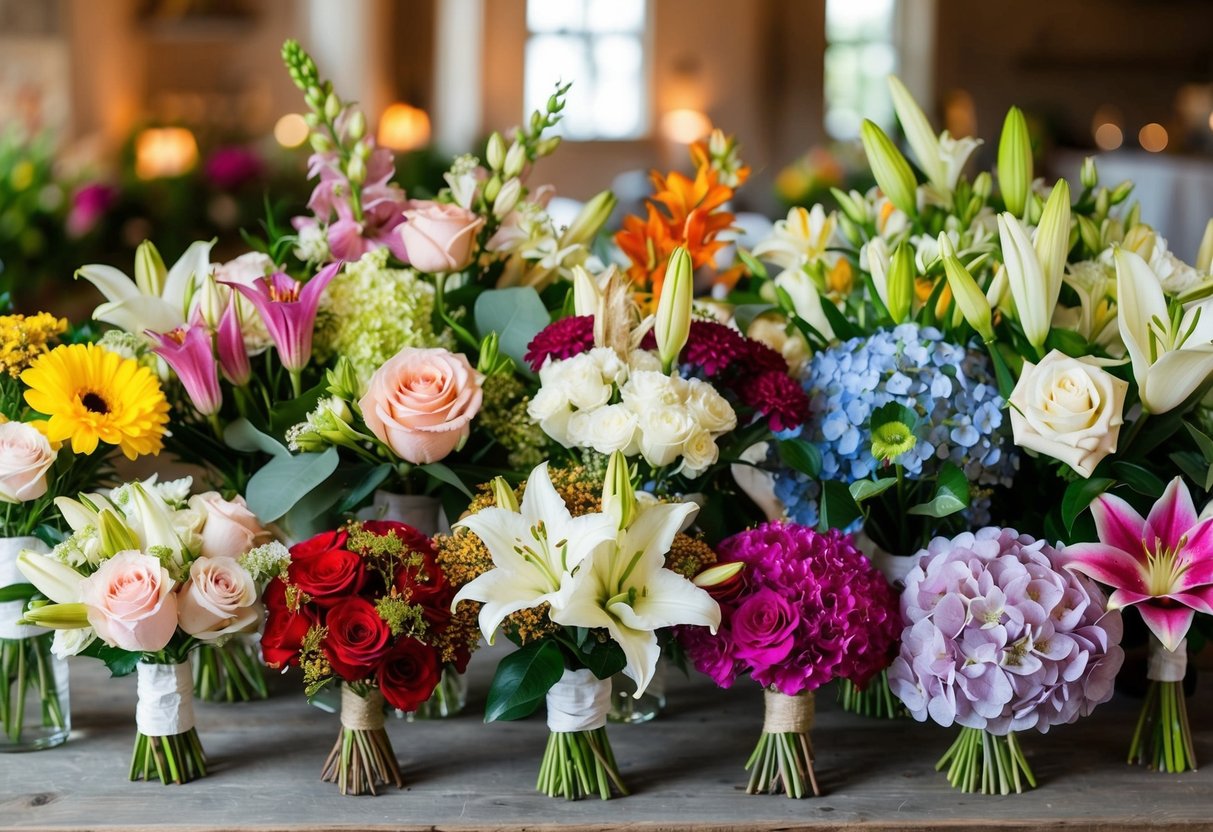 A colorful array of fresh flowers arranged in various wedding bouquets, including roses, lilies, and hydrangeas, displayed on a rustic wooden table