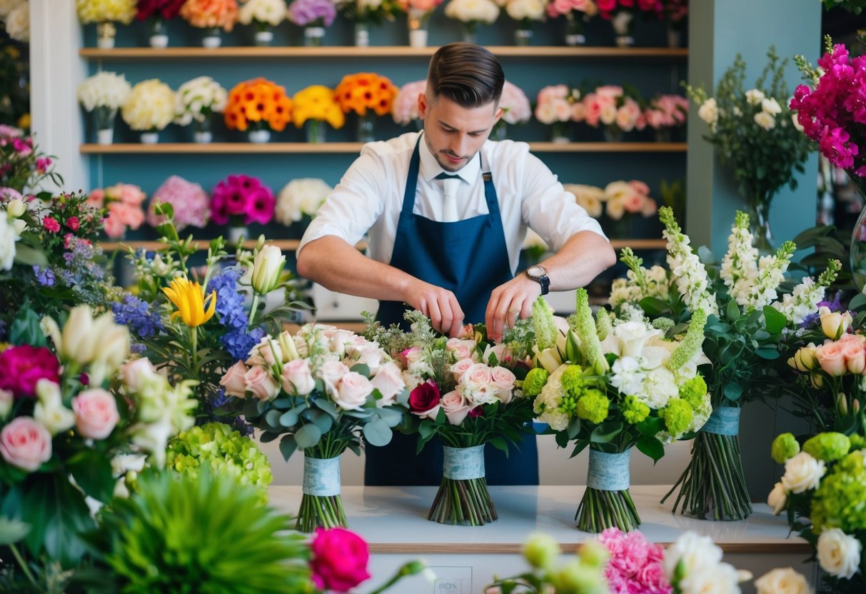 A florist arranging a variety of wedding bouquets in a UK shop, surrounded by colorful blooms and greenery