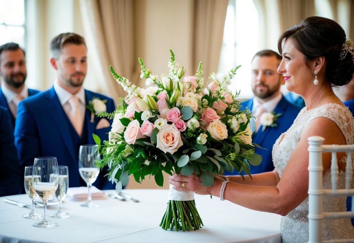 A beautifully arranged bouquet of flowers sits on a table, ready to be presented by the mother of the groom during the ceremony