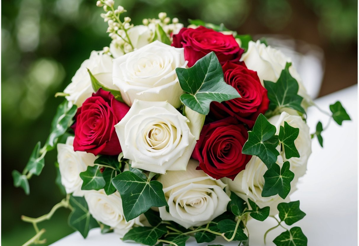 A bridal bouquet featuring white roses, symbolizing purity and unity, alongside red roses, symbolizing love and passion, with intertwined ivy for enduring love
