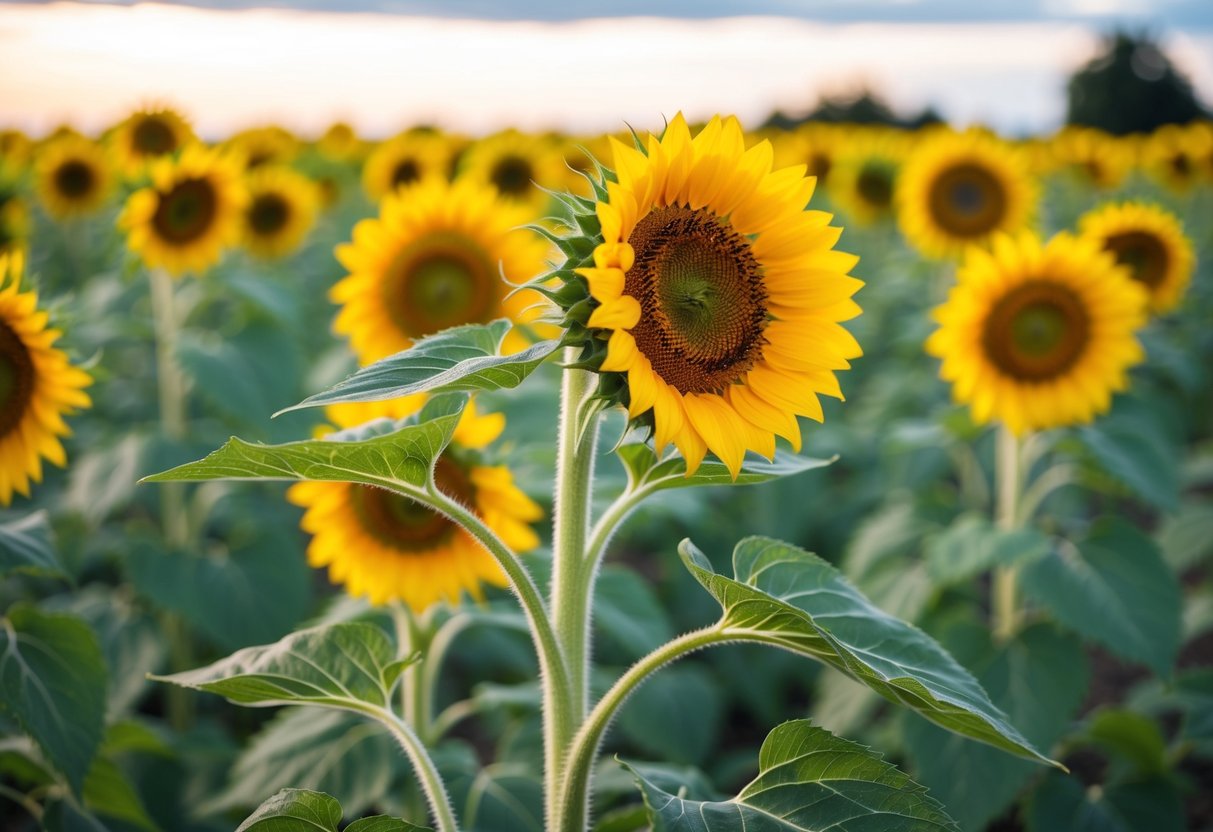 A blooming sunflower garden with two intertwined stems