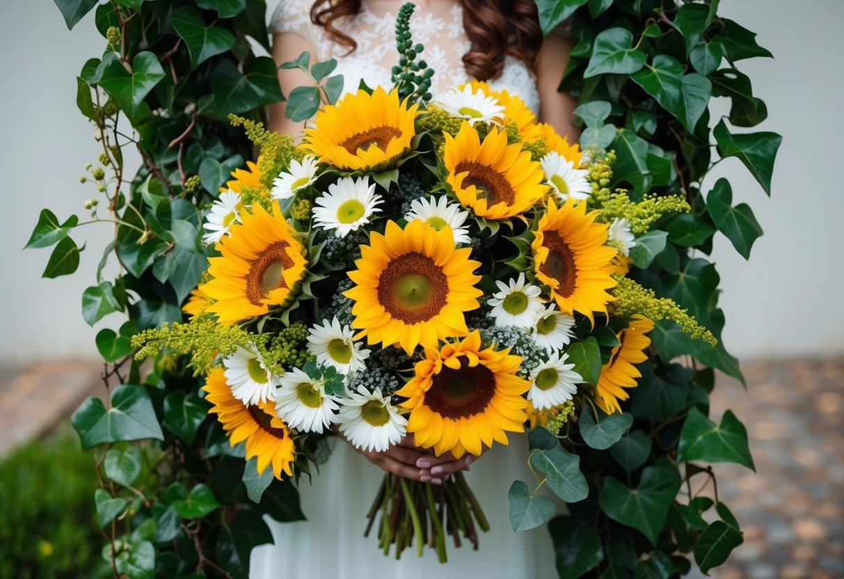 A blooming bouquet of sunflowers and daisies, intertwined with ivy and myrtle, symbolizing a joyful and lasting marriage