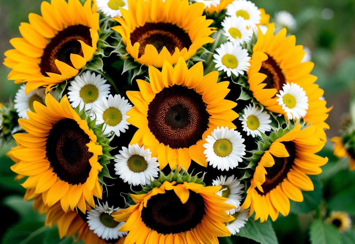 A vibrant bouquet of sunflowers and daisies intertwined, symbolizing a joyful and harmonious union