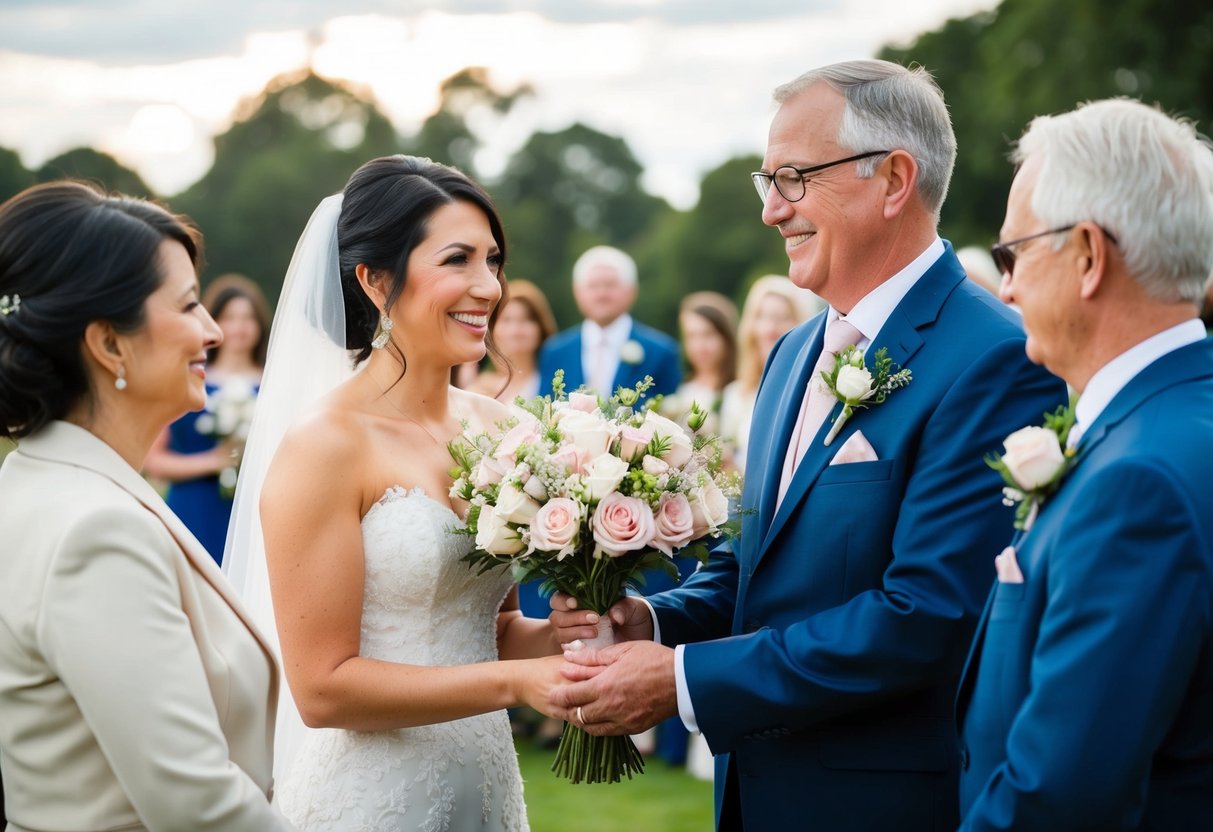 Parents of the bride receive flowers, symbolizing love and support, at the wedding ceremony