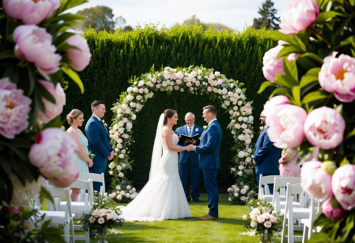 A lush garden with blooming peonies, symbolizing a happy marriage, surrounds a bride and groom exchanging vows under a floral arch