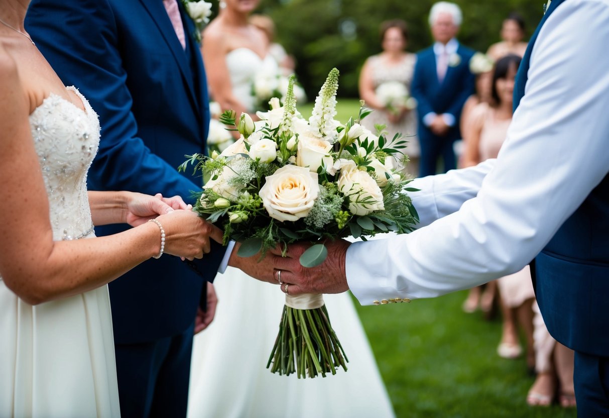 A bouquet of flowers being handed to the parents of the bride at a wedding ceremony