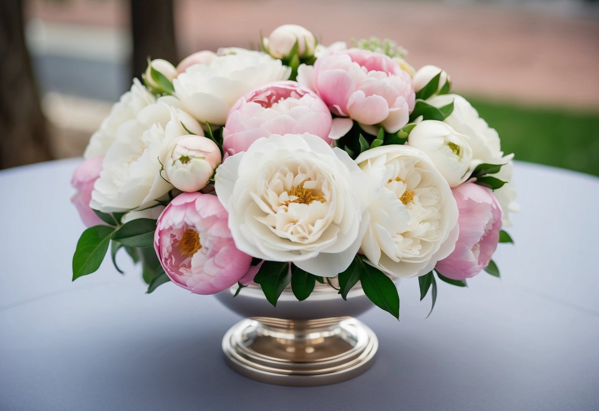 A bouquet of elegant white roses and delicate pink peonies arranged in a silver vase, symbolizing love and gratitude for the parents of the bride