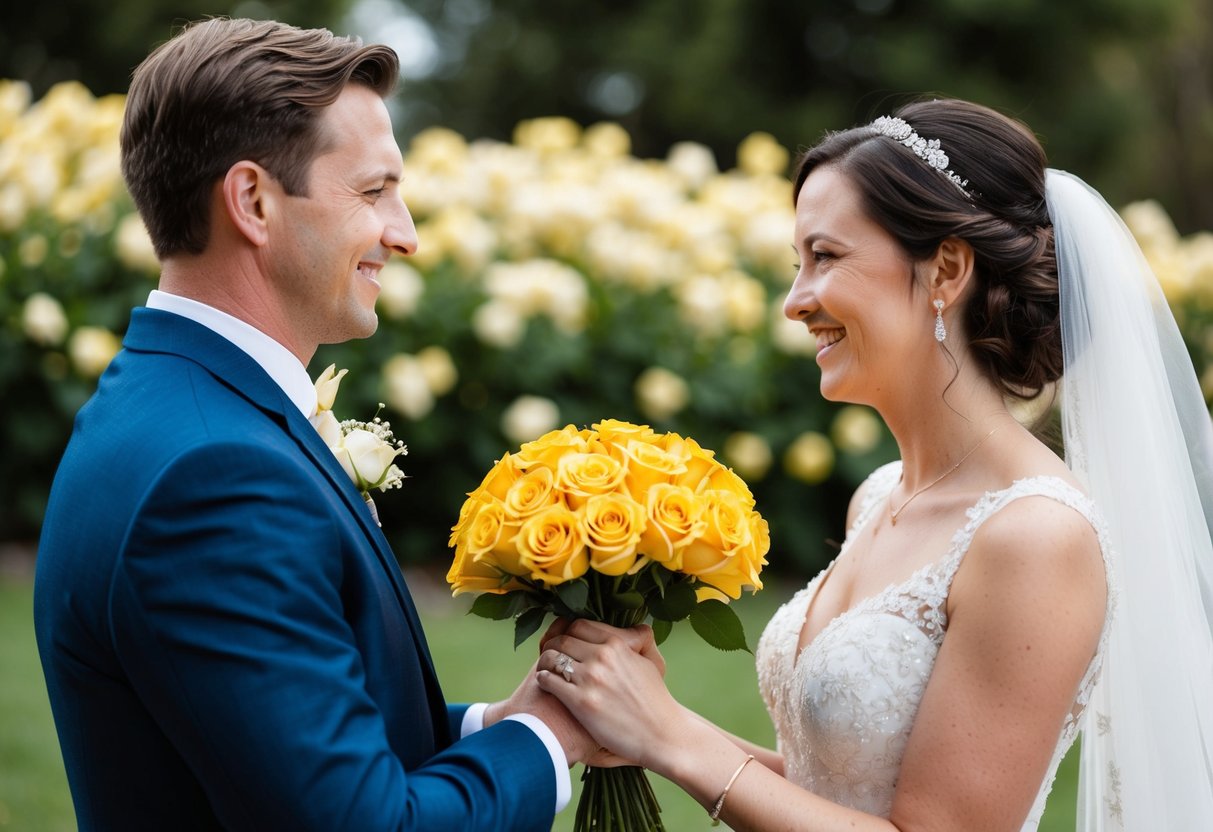 A bride and groom exchanging a bouquet of yellow roses, symbolizing a happy marriage
