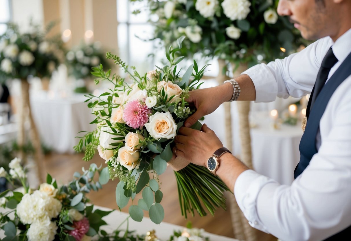 A florist arranging a bouquet surrounded by wedding decorations