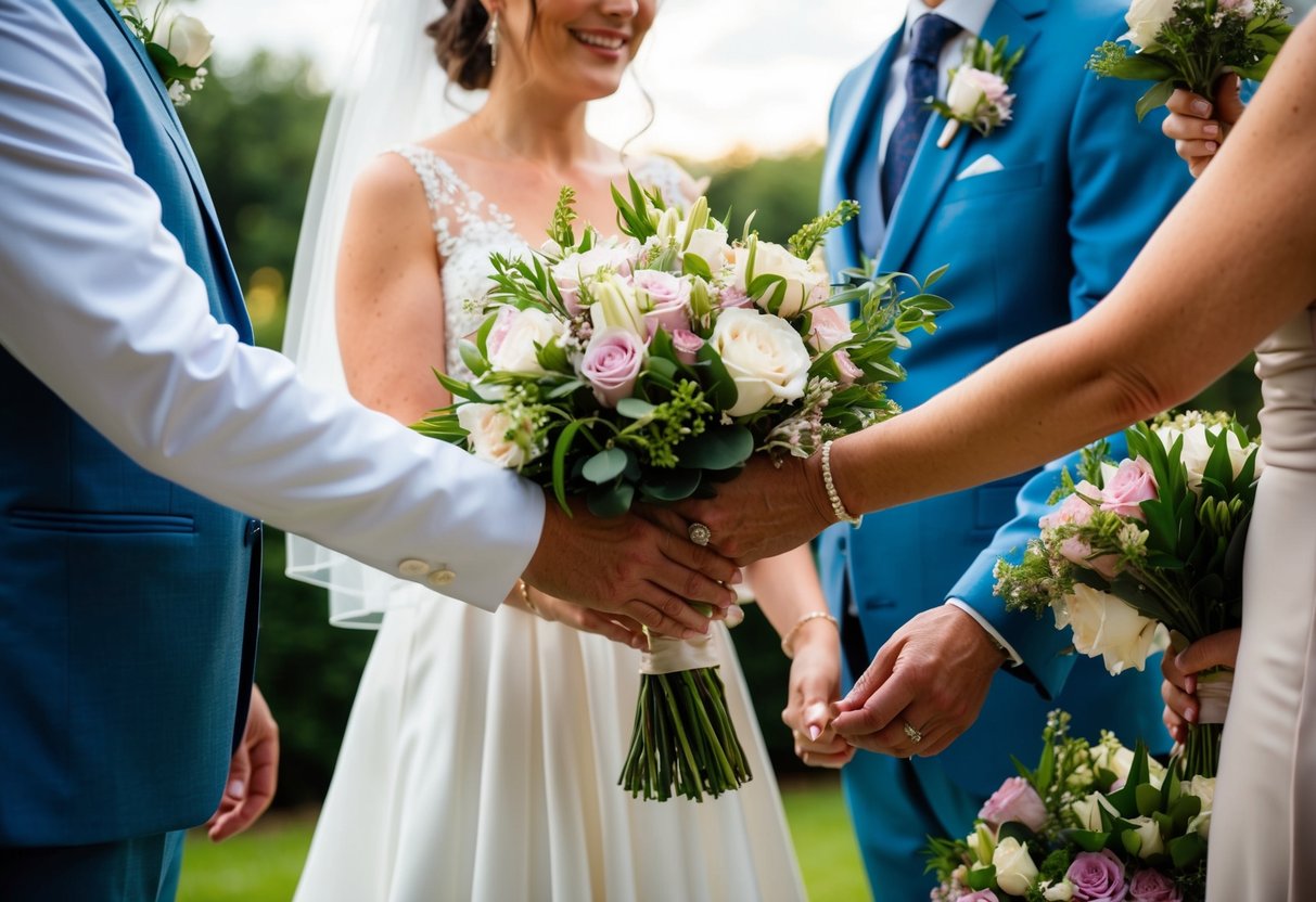 A bouquet of flowers being handed to a couple, symbolizing the parents of the bride receiving flowers at a wedding