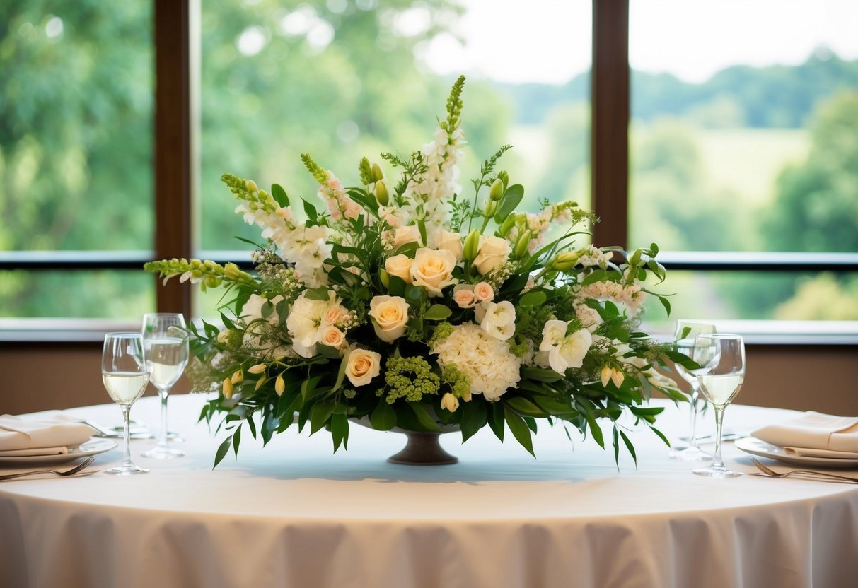 A floral arrangement sits on a table, showcasing the parents of the bride's personal tastes and budget considerations