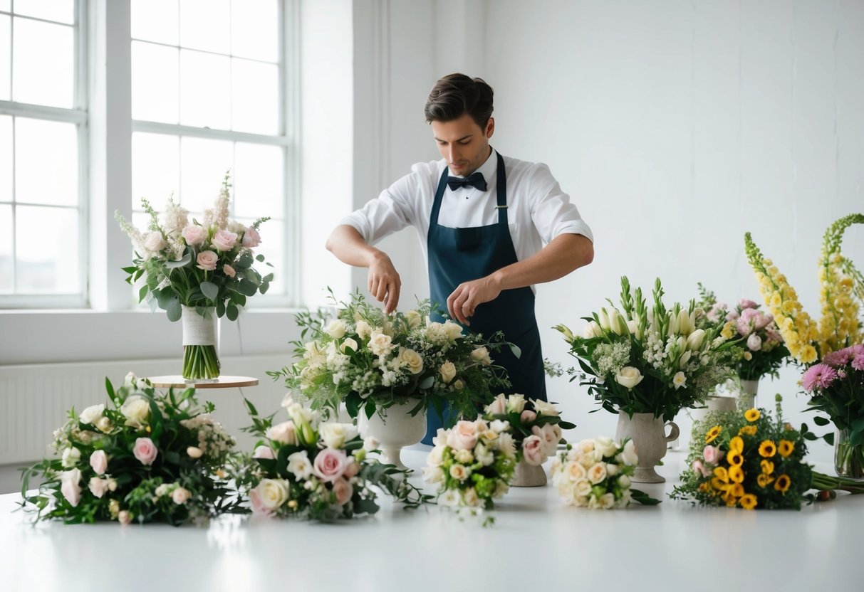 A florist arranging various wedding flowers and arrangements in a spacious, well-lit studio, carefully selecting and organizing the blooms