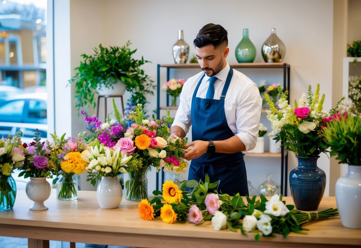 A florist arranging an array of colorful wedding flowers in a shop, with various vases and greenery displayed nearby