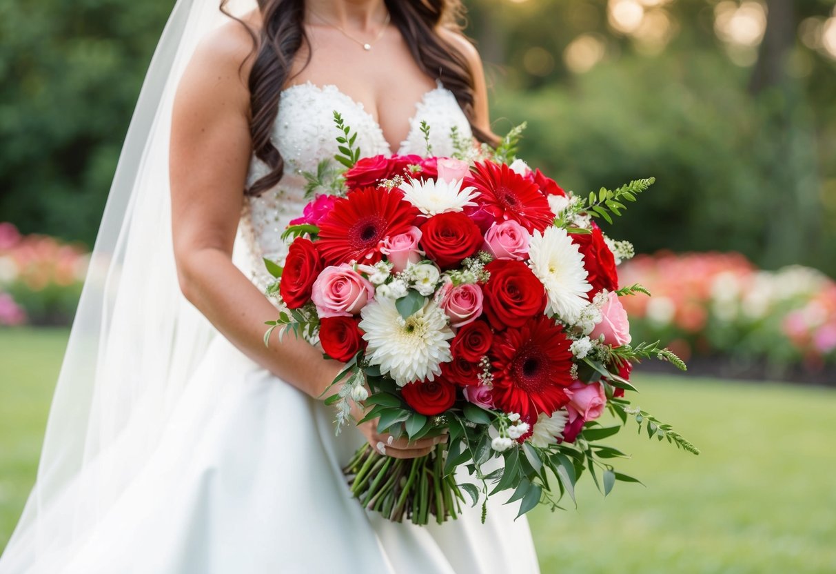 A bride carrying a vibrant bouquet of red, pink, and white flowers