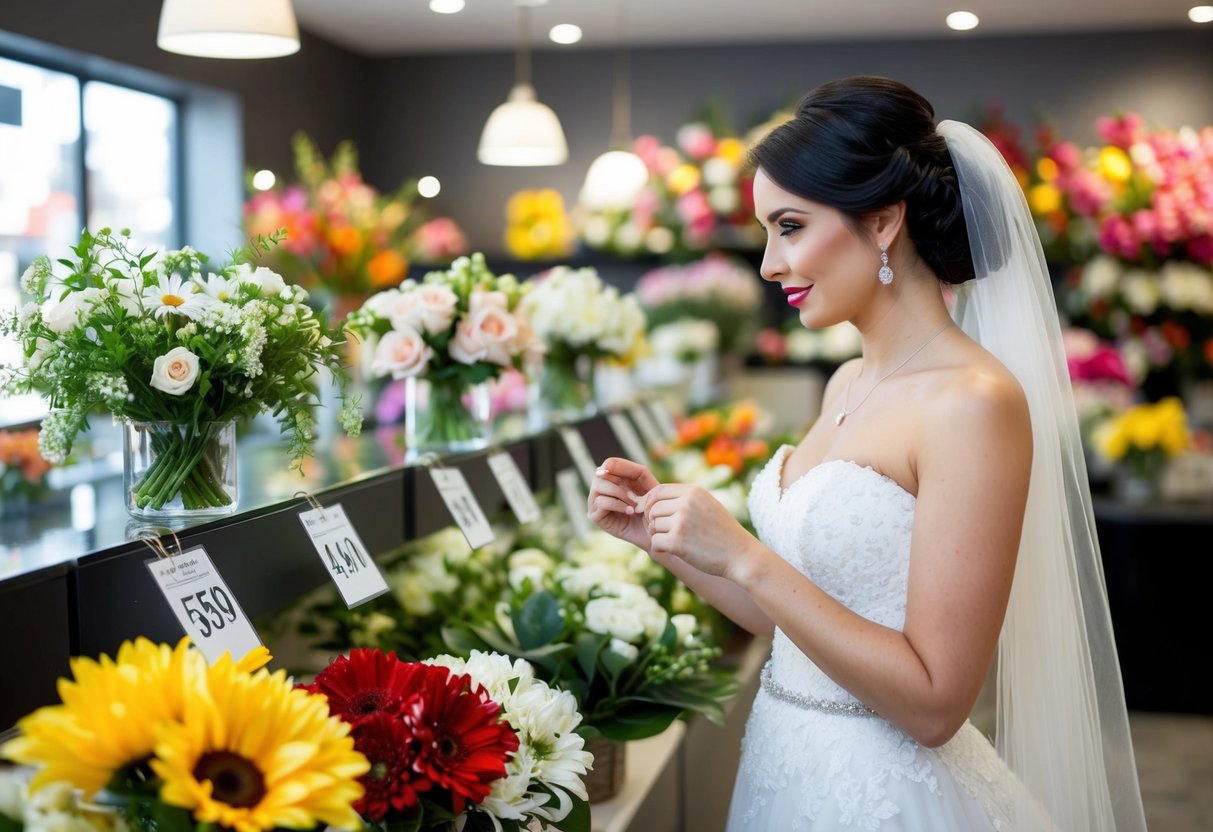 A bride comparing real and fake flowers at a floral shop, with price tags displayed