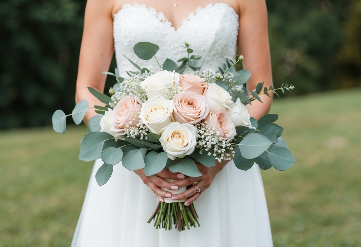 A bride holds a bouquet of white and blush pink roses, accented with eucalyptus leaves and baby's breath