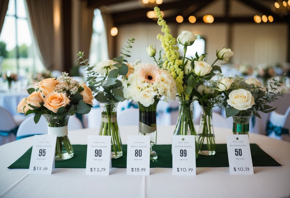 A table with real and artificial blooms arranged in vases. Prices listed on tags. A wedding venue in the background
