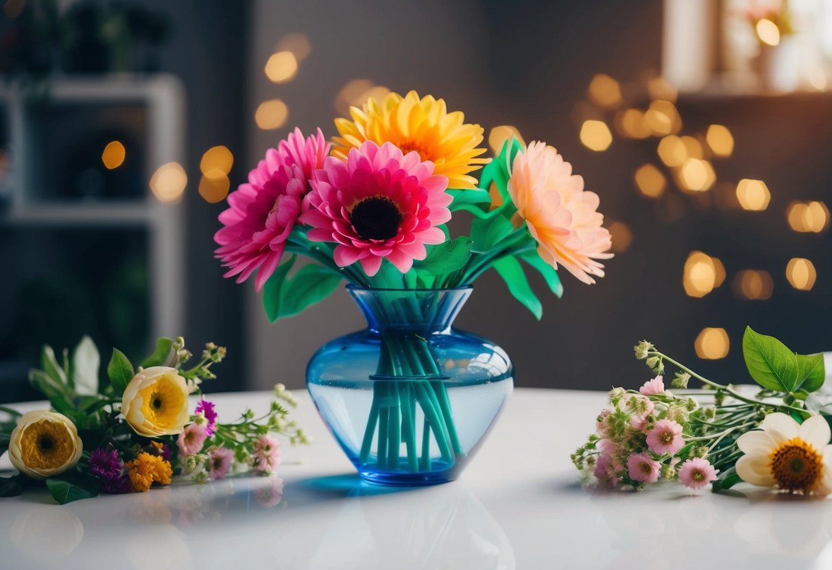 A vase of vibrant fake flowers sits untouched, surrounded by real blooms
