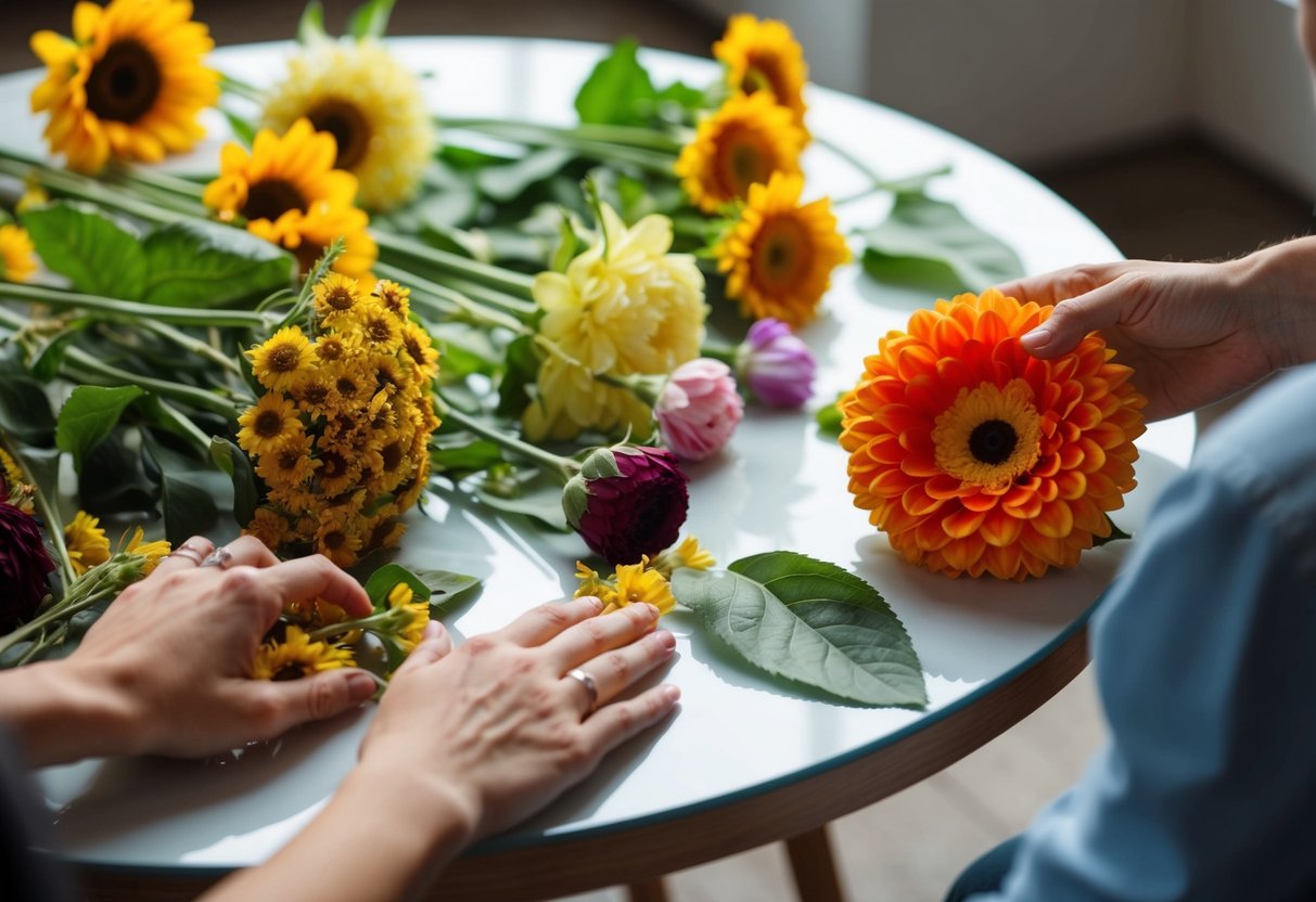 A cluttered table with wilted real flowers and a vibrant, lifelike fake flower. People turn away from the fake one