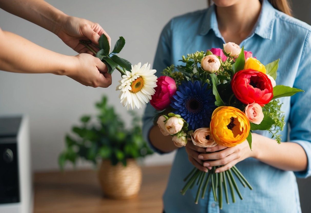 A person throwing away a wilted fake flower while admiring a vibrant, fresh bouquet of real flowers