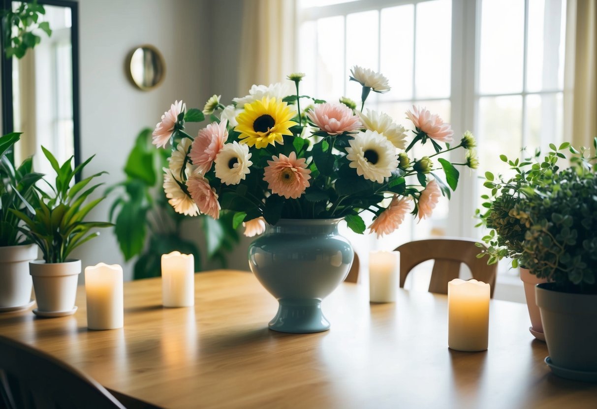 A vase filled with fake flowers sits on a dining table, surrounded by real plants and candles. The contrast highlights the artificial nature of the flowers