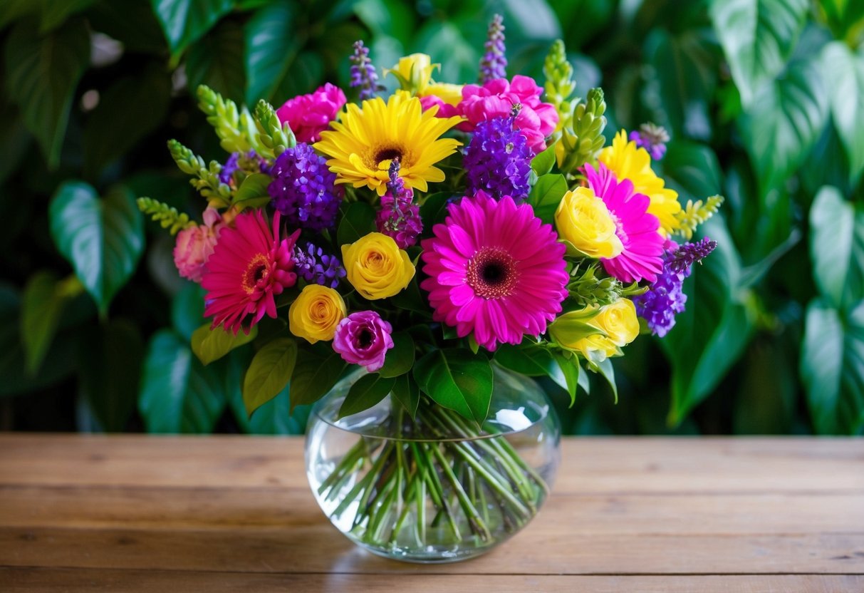 A vibrant bouquet of pink, yellow, and purple flowers arranged in a clear glass vase, set against a backdrop of lush green foliage