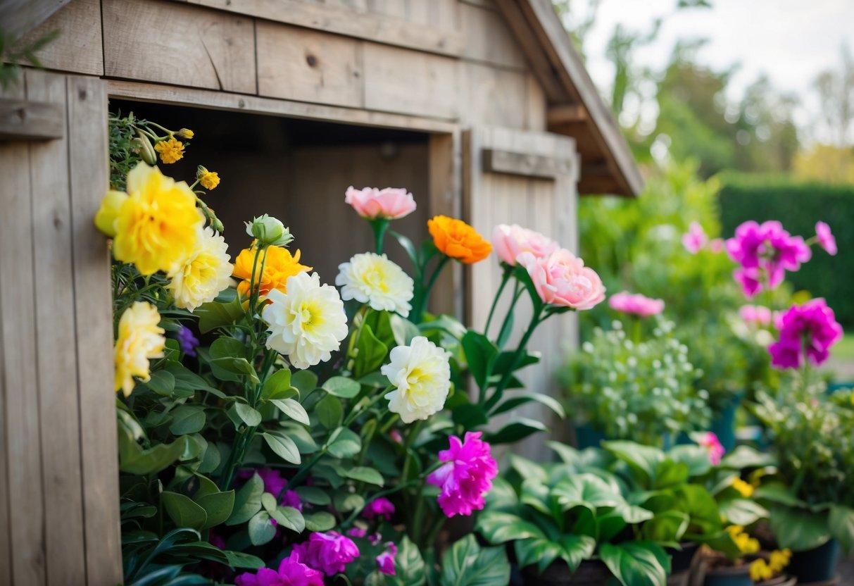 A cluttered garden shed with wilted real flowers next to vibrant faux ones, highlighting the lasting appeal of artificial blooms