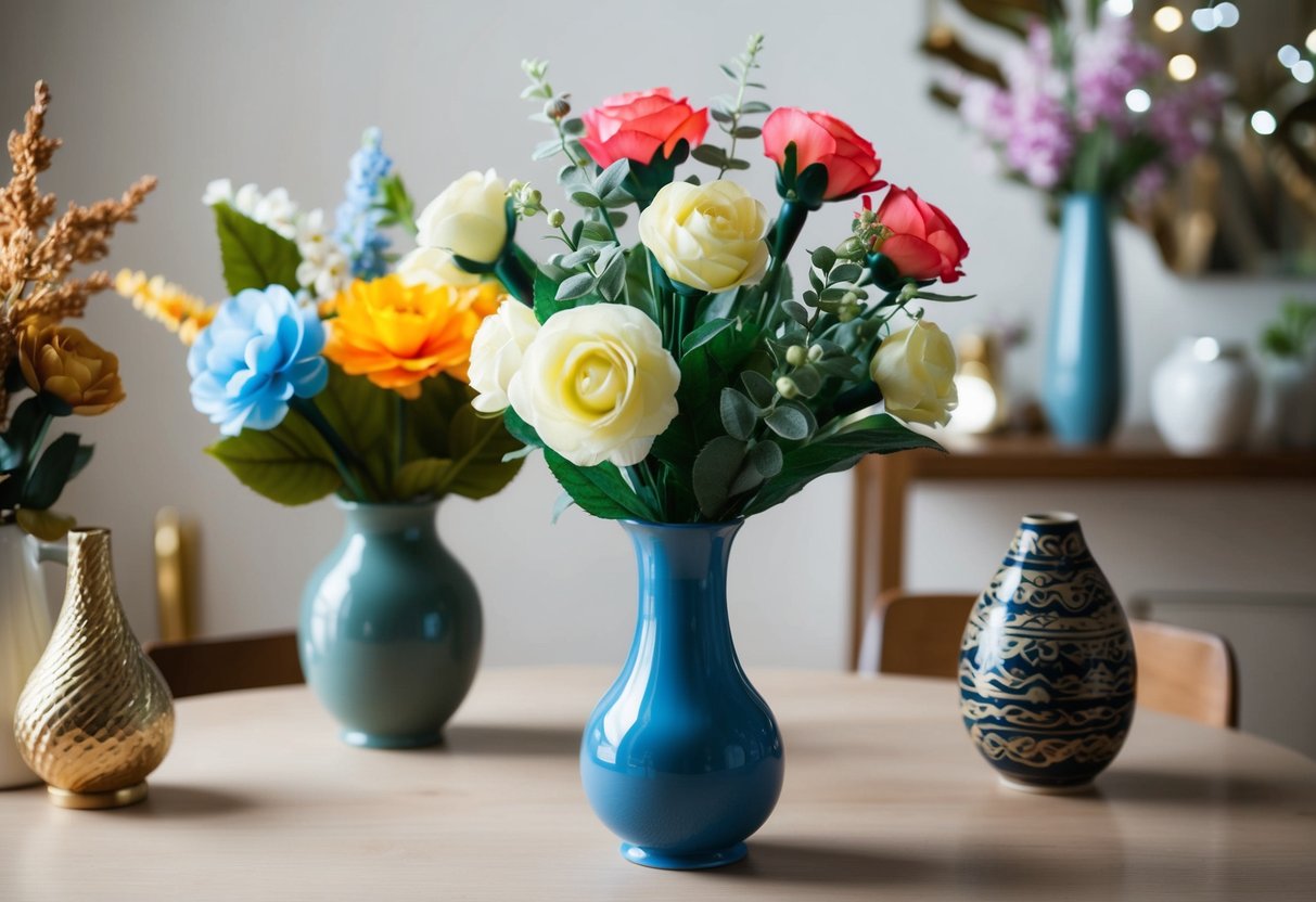 A vase of fake flowers sits on a table, surrounded by other decorative items