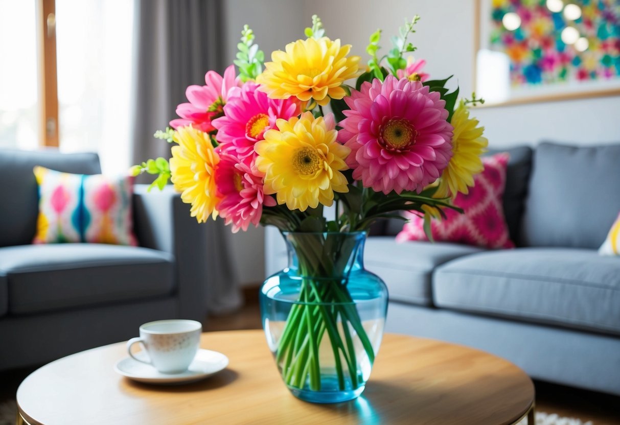 A vase of vibrant artificial blooms brightens a cozy living room, adding a pop of color and cheer to the space