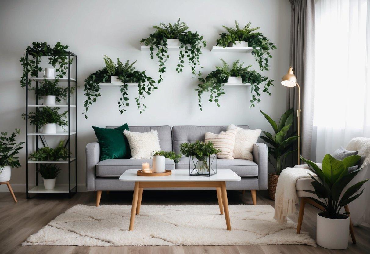 A cozy living room with fake greenery adorning the shelves and tables, adding a touch of nature to the space without the need for maintenance