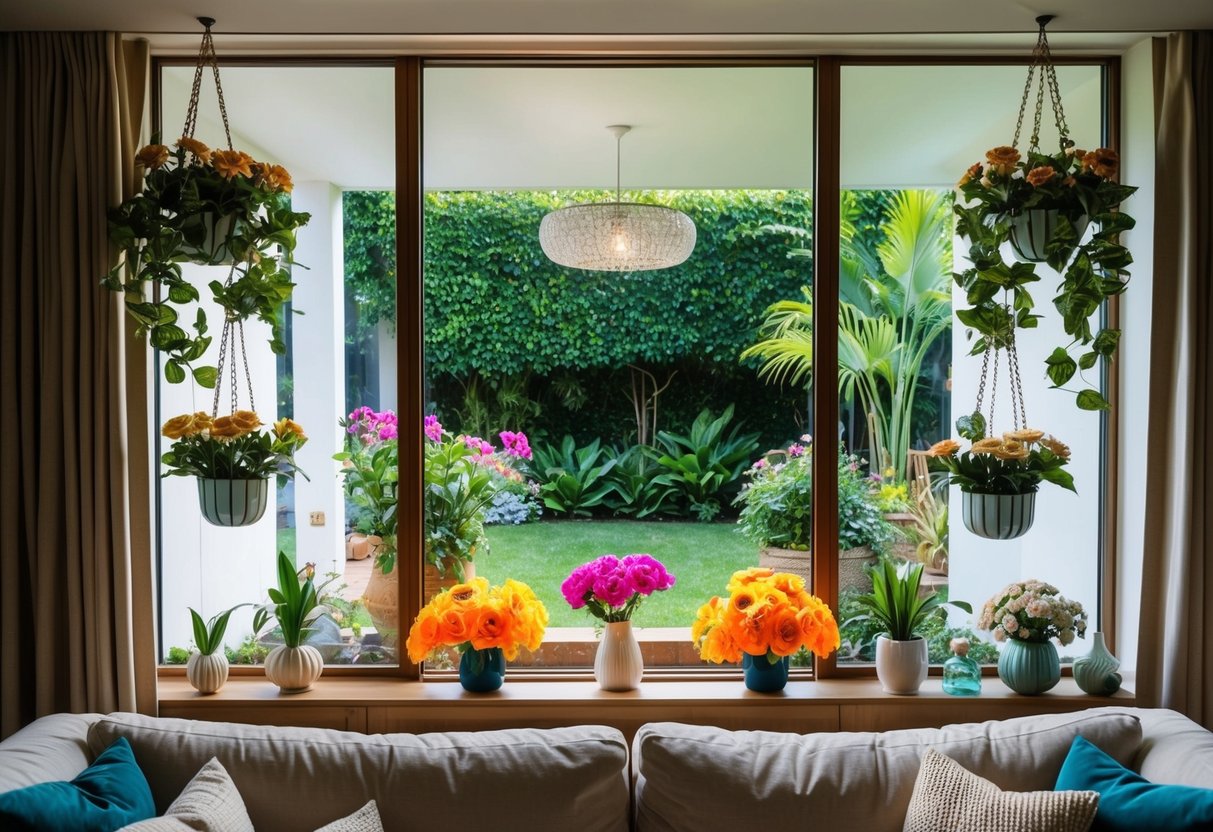 A cozy living room with a large window overlooking a lush garden, adorned with vibrant fake flowers in vases and hanging planters