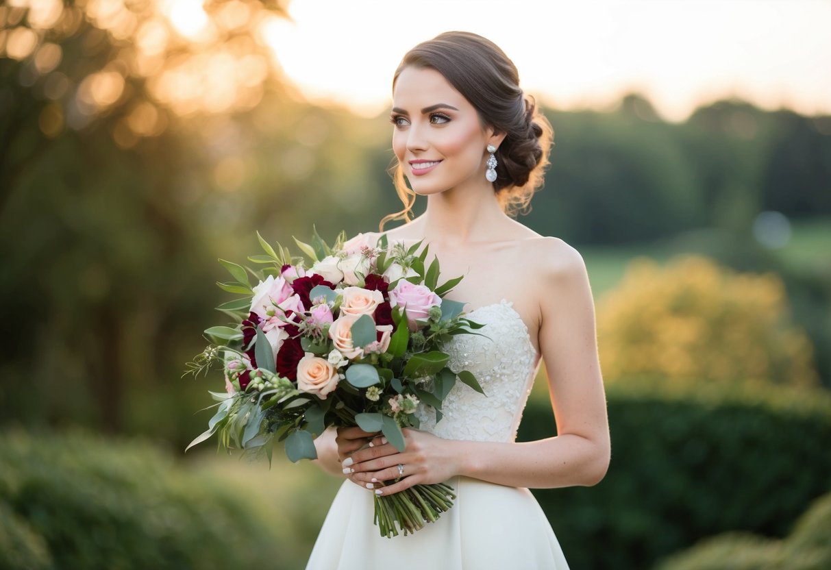 A woman in a elegant dress holds a bouquet of flowers
